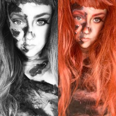 Fire costume makeup and red wig