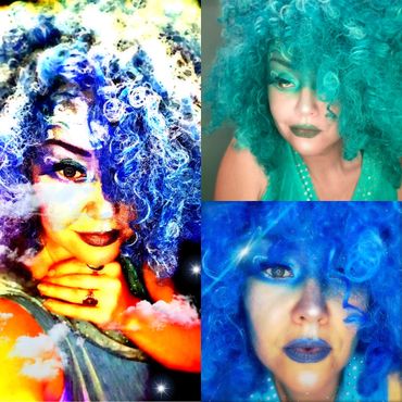 Woman with blue wig and makeup