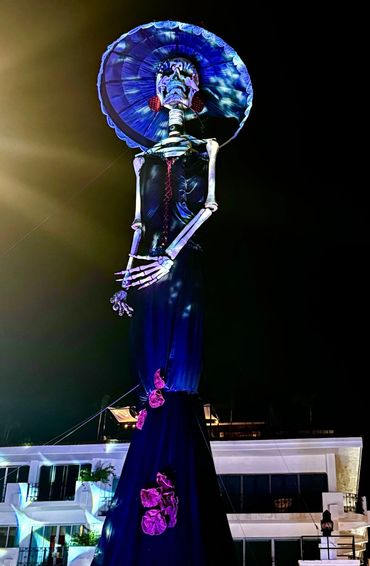 Tall skeleton figure dressed in black with a large hat at night.