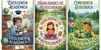 Three colorful posters promoting academic excellence, self-care skills, and ecological awareness.