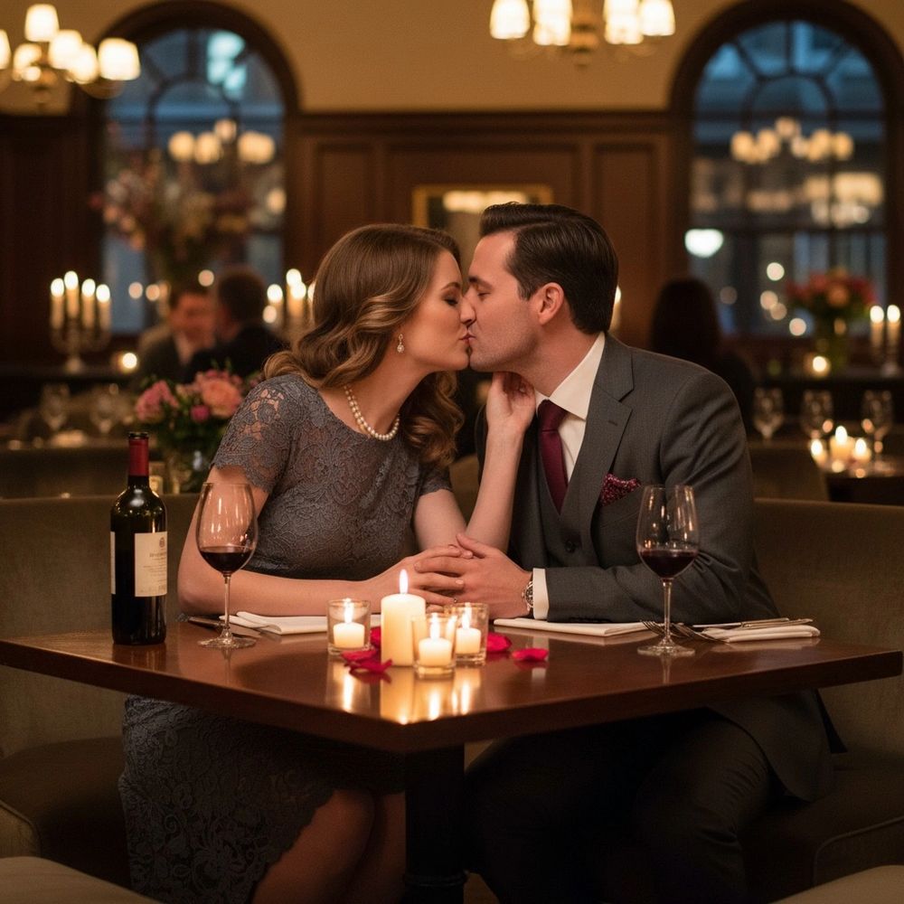 Romantic couple sharing a kiss over candlelit dinner in an elegant restaurant.