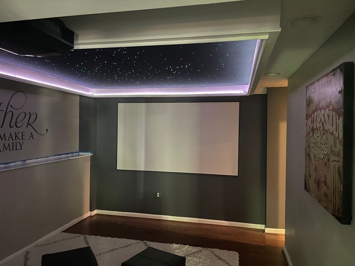 Star-field ceiling with shooting stars. Sound wall with 4k projector screen, Dolby Surround