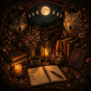 Mystical nighttime scene with wolves, lantern, books, and moon phases.