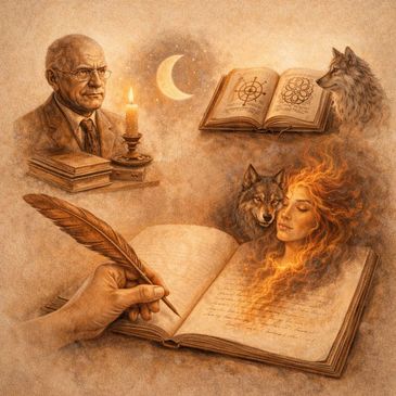 Surreal illustration blending wisdom, wolves, and fiery imagination in an open book.