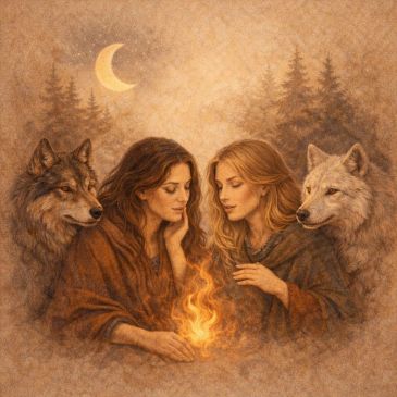 Two women with wolves under a crescent moon, sharing a magical flame.