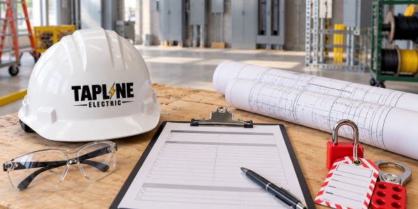 Worksite safety gear and plans on a wooden table.