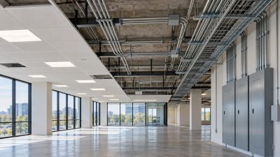 Modern open office interior with large windows and exposed ceiling.