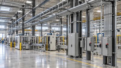Modern manufacturing plant interior with machinery and electrical panels.