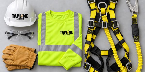 Safety gear for electrical work laid out on a gray surface.