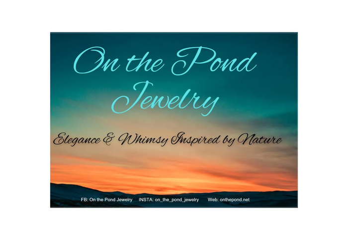 On the Pond Jewelry logo with a nature-inspired sunset background.