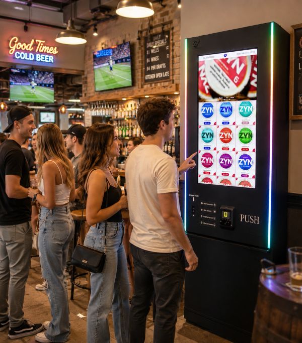 People buying items from a vending machine in a bar.