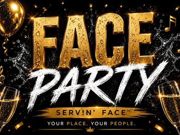 Golden and white text on a black background announcing a party event.