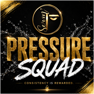 Gold and white text 'Pressure Squad' on black background with 'Secret' logo.