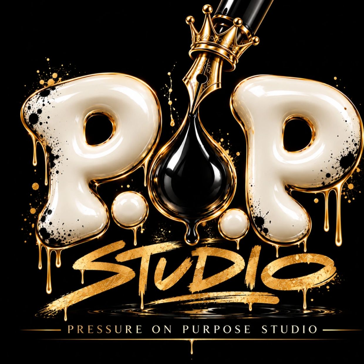 Logo for P.O.P Studio with gold and black ink design.