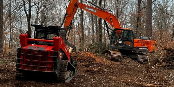 Excavator and skid steer clearing a forest area.