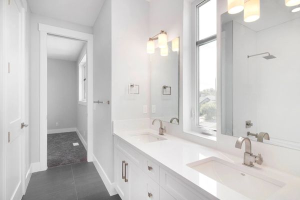 jack and jill modern bathroom with kohler appliances