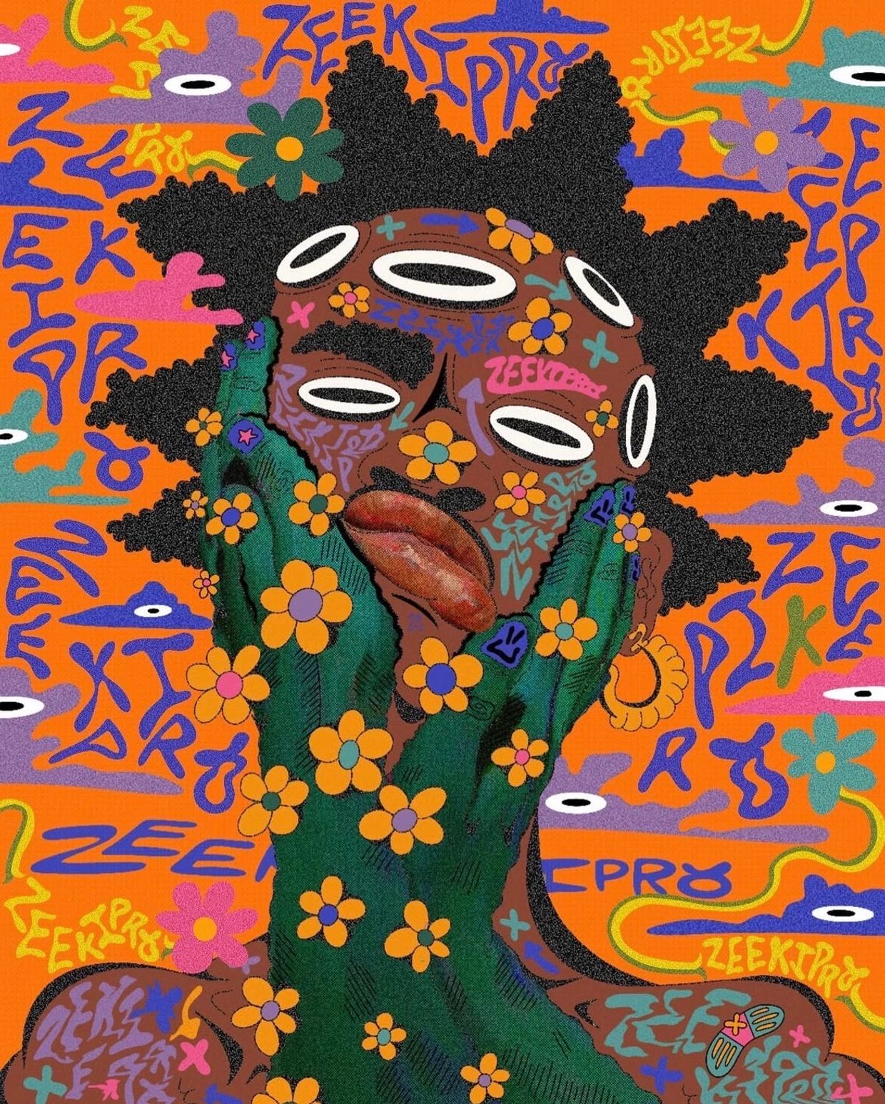 Colorful psychedelic portrait with flowers and abstract eyes on a vibrant orange background.