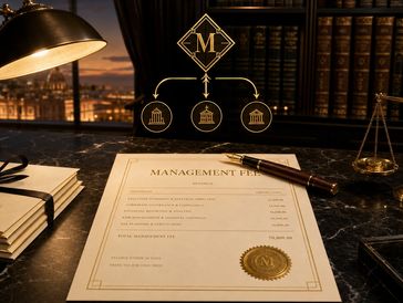 Management fees document on a desk with a pen.