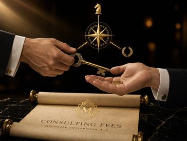 Two hands exchanging a key over a consulting fee document.