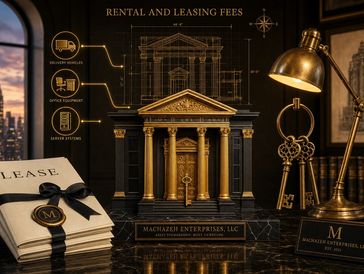Elegant rental and leasing fees advertisement with gold accents.