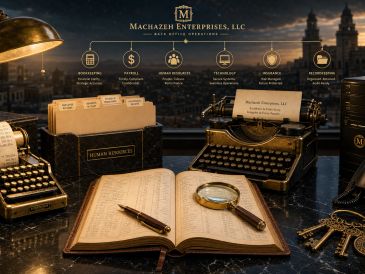 Vintage office setting with typewriters and documents.