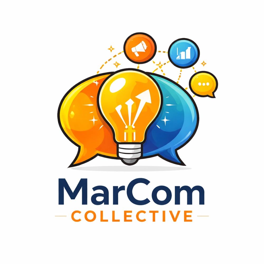Logo featuring a lightbulb and speech bubbles for MarCom Collective.