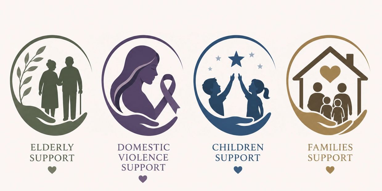Icons representing support for elderly, domestic violence, children, and families.