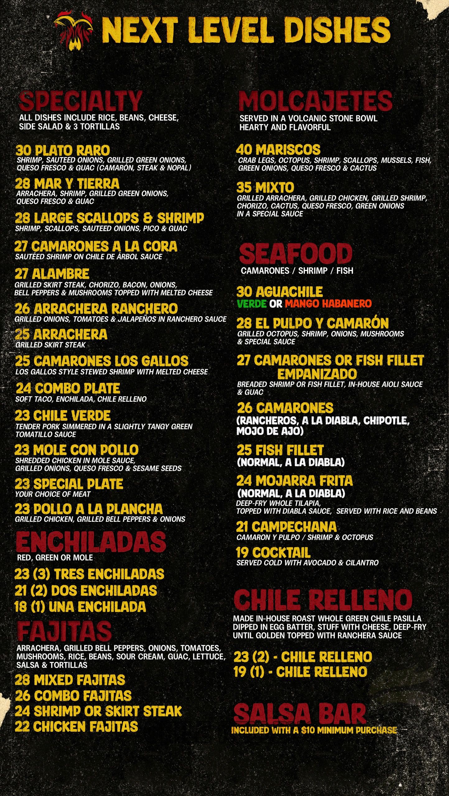 Menu featuring specialty dishes, molcajetes, seafood, enchiladas, fajitas, chile relleno, and salsa bar.