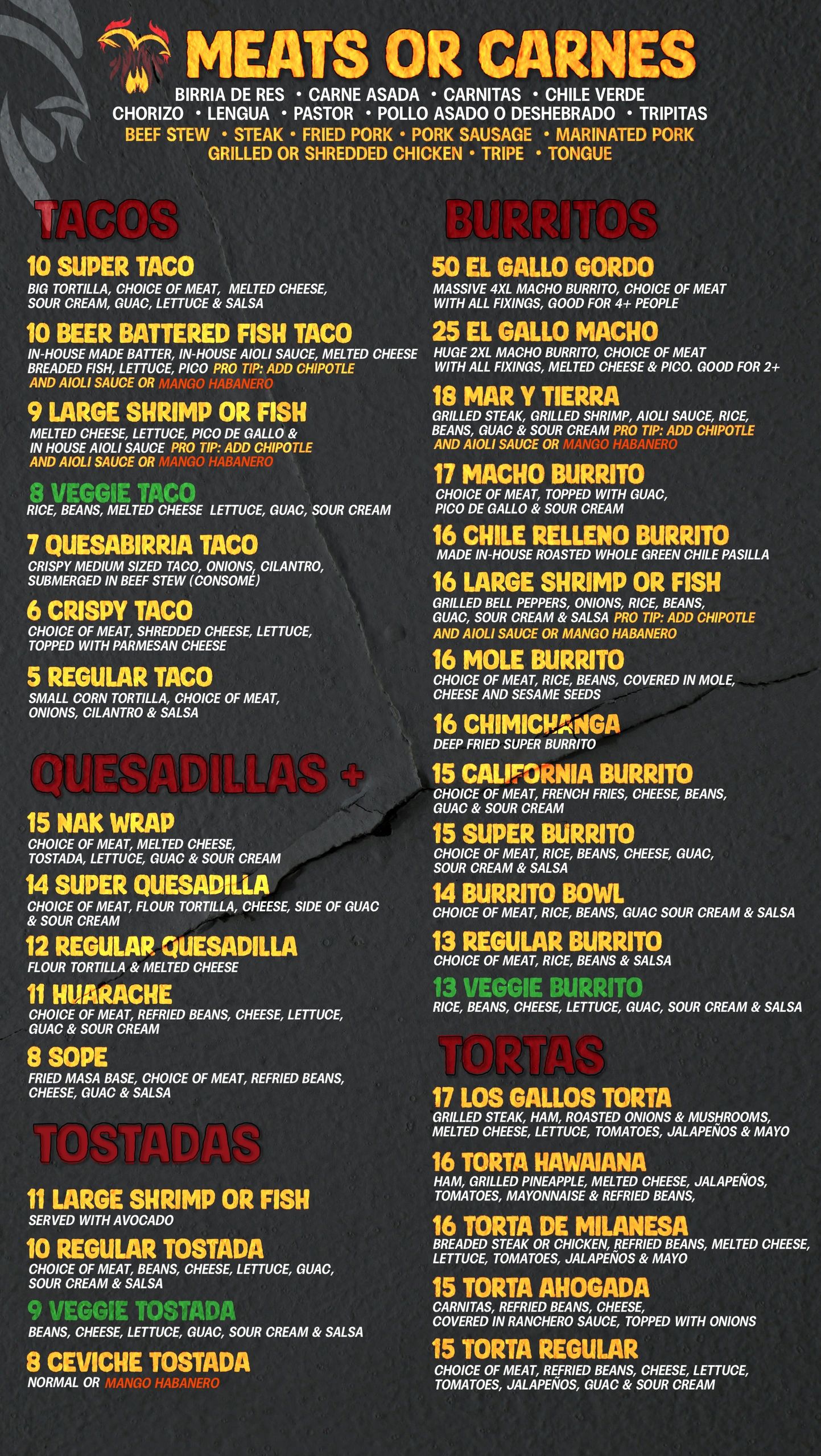 Mexican menu featuring tacos, burritos, quesadillas, tostadas, and tortas with various meat and veggie options.