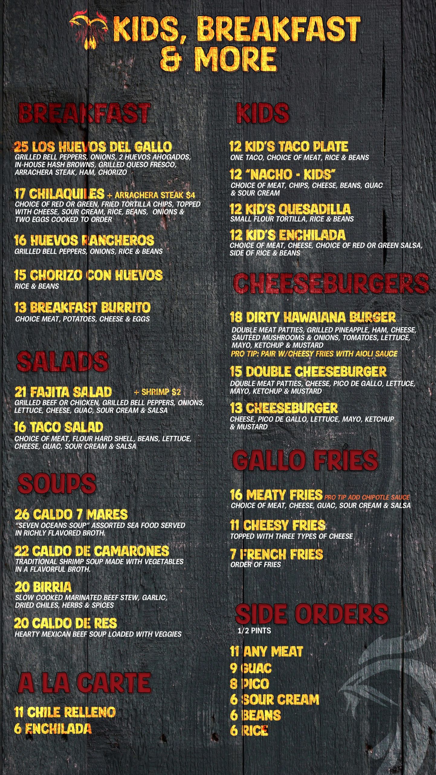 Menu featuring breakfast, kids meals, cheeseburgers, fries, soups, and salads.