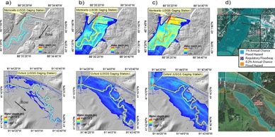 Maps showing water depth and flood hazard zones near Monticello and Oxford USGS gaging stations.