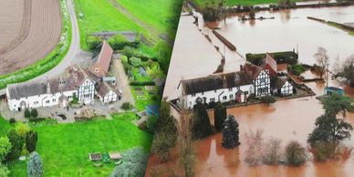 Before and after images show a house surrounded by lush greenery and later flooded by muddy water.