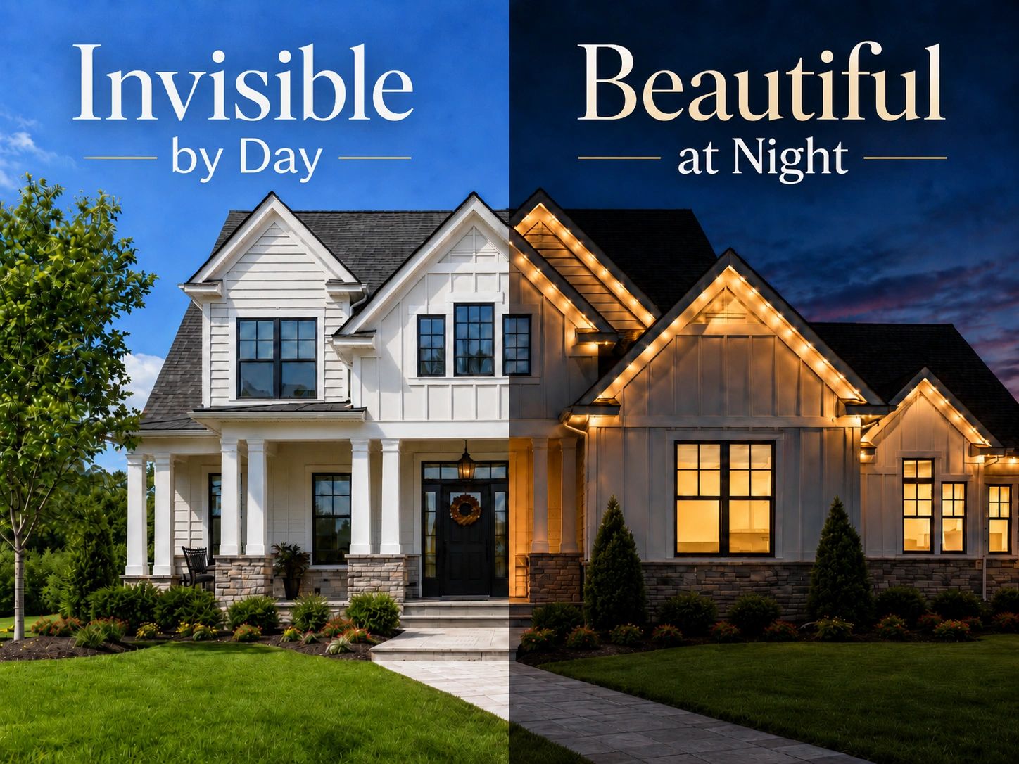 House looks plain by day and beautifully lit by night.