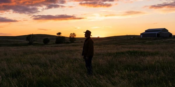 A person wearing a hat stands in a field at sunset.