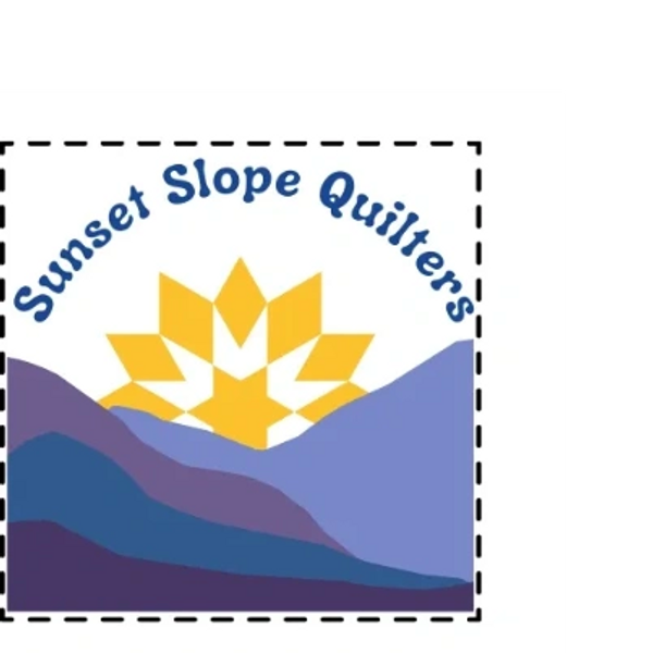 Logo for Sunset Slope Quilters featuring a sun and mountain design.
