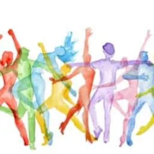 Colorful silhouettes of dancers in dynamic poses.