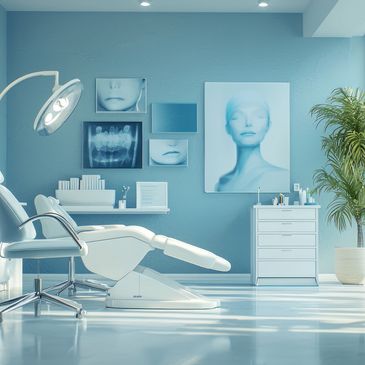 Modern dental clinic room with blue walls and dental chair.