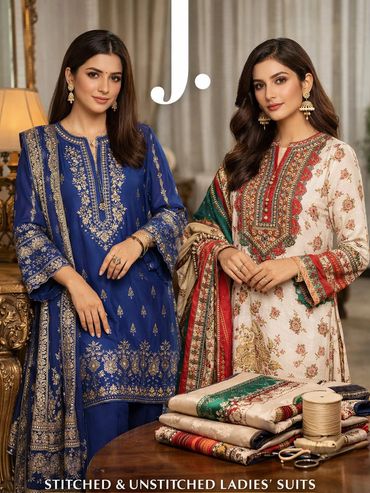 Two women showcase elegant stitched and unstitched ladies' suits with intricate embroidery.