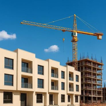 Modern residential buildings under construction with a large crane against a clear blue sky.