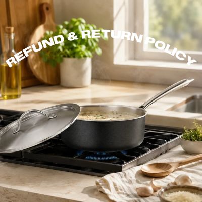 A saucepan cooking on a stove with 'Refund & Return Policy' text above.