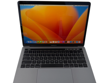 Open MacBook Pro laptop showing the home screen with colorful wallpaper.
