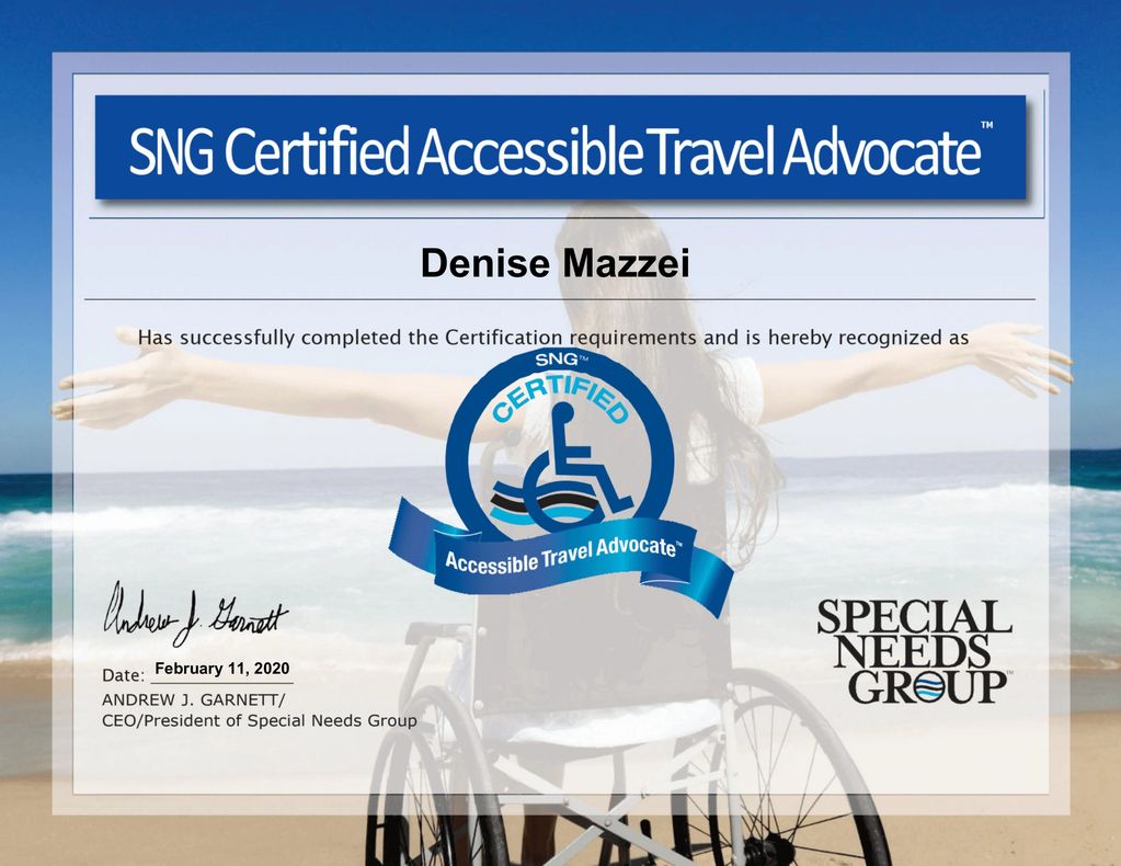 SNG Certified Accessible Travel Advocate
Issued by: Special Needs Group (SNG)
Date Earned: February
