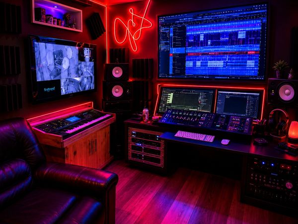 A vibrant music production studio with glowing red and purple lights.