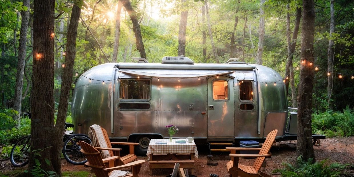 A camper trailer in a peaceful forest setting at sunset.