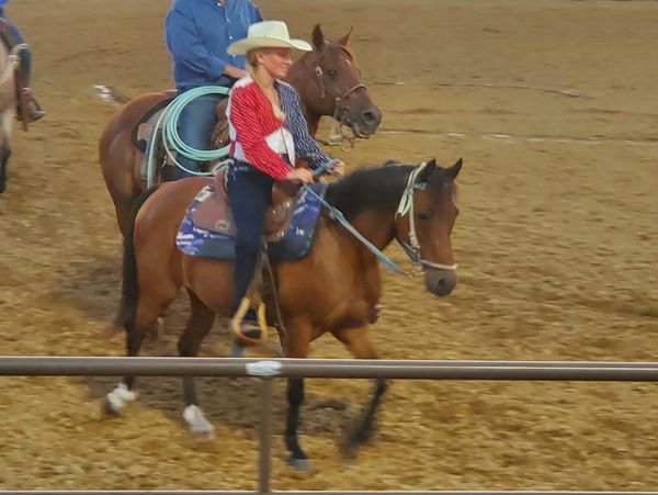 Woman in cowboy attire riding a horse in an arena.