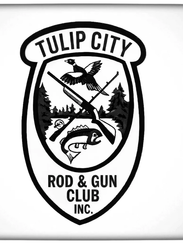 Black and white logo of Tulip City Rod & Gun Club featuring a bird, fish, and crossed gun and fishing rod.