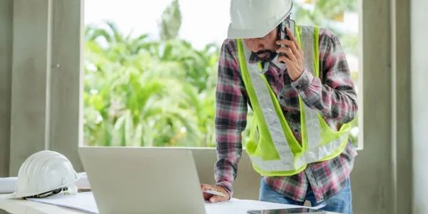 Construction worker in safety gear using phone and laptop at a site.