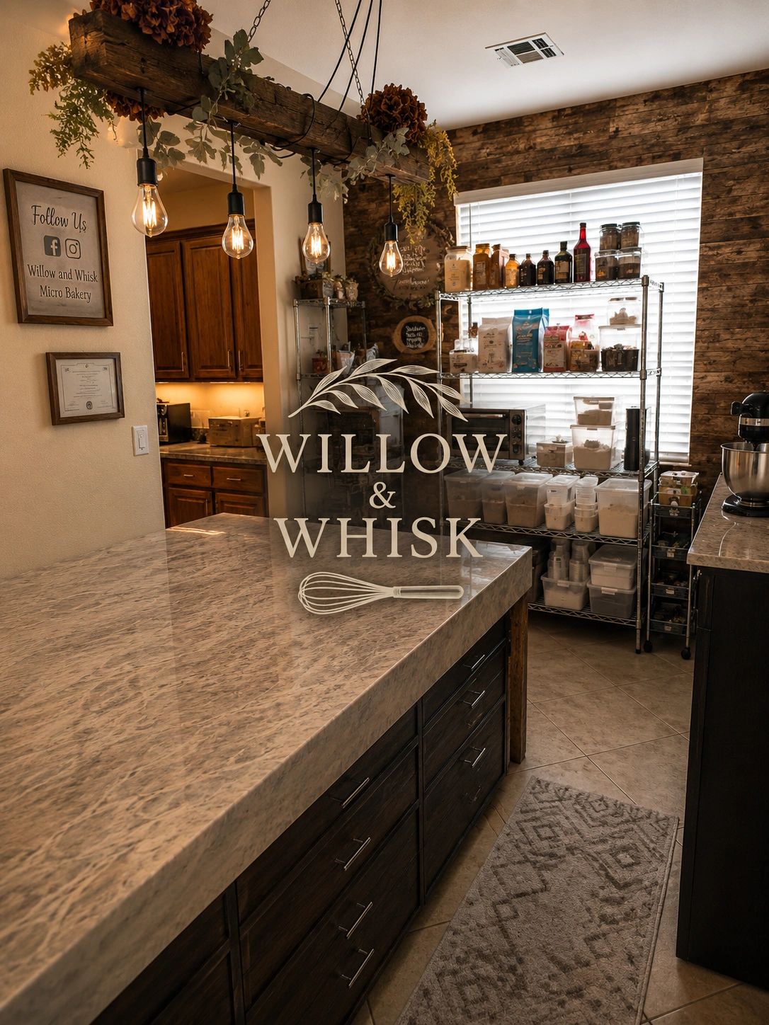 Cozy bakery kitchen with warm lighting and organized shelves.