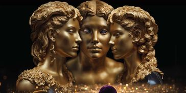 A collection of golden busts of the three Fates.