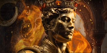 A golden, cracked statue of a man with a crown.